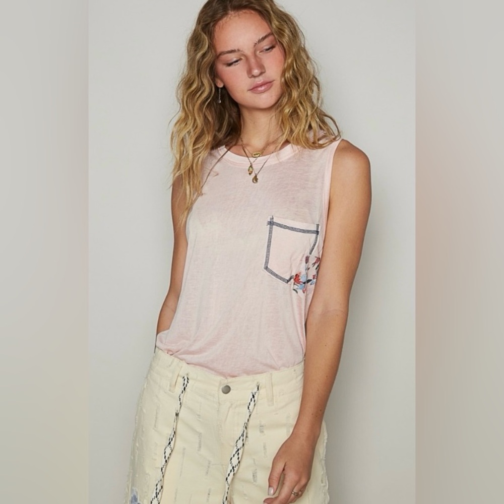 POL Pink Sleeveless Tank Top Pocket & Patchwork Detail Blush Size Large NWT Boho